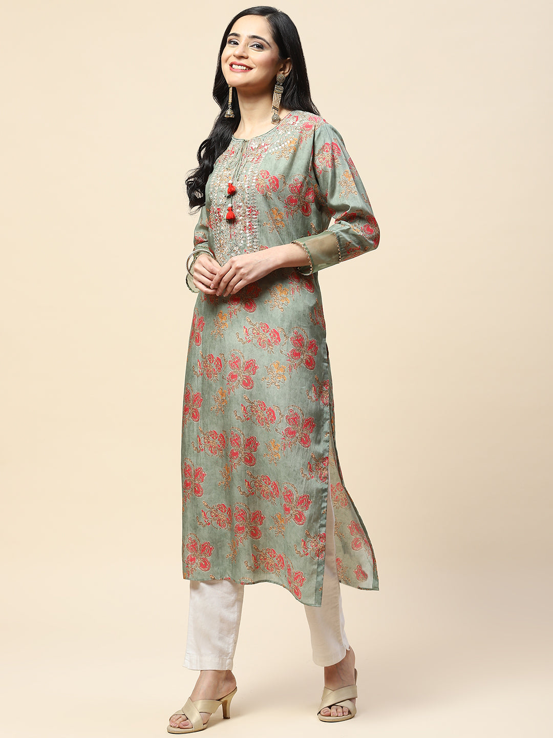 Printed With Yoke Embroidered Muslin Kurta