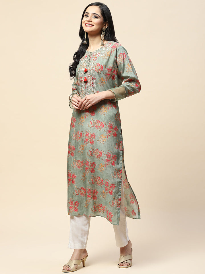 Printed With Yoke Embroidered Muslin Kurta