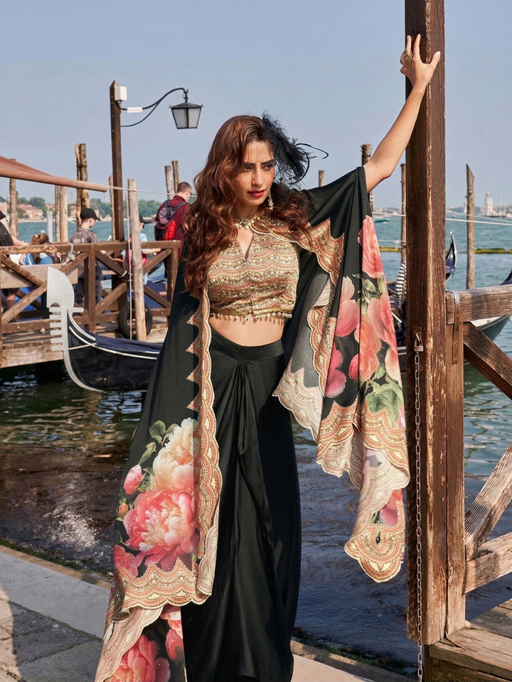 Embroidered Crepe Choli With Skirt &amp; Jacket