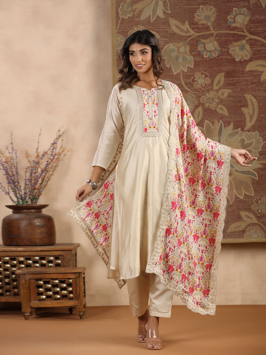 Neck Embroidered Chanderi Kurta With Pants &amp; Dupatta