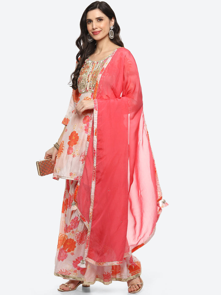 Floral Printed Cotton Kurta With Garara &amp; Dupatta