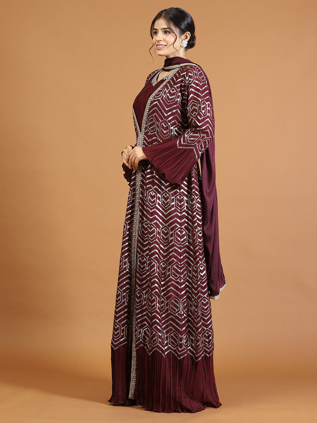 Gota Embroidery Crepe Kurta With Jacket &amp; Dupatta