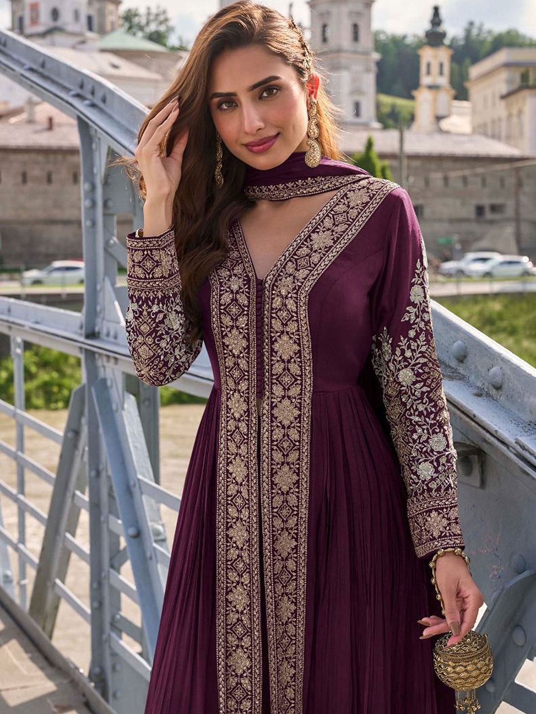 Embroidered Chinon Kurta With Plazzo &amp; Dupatta