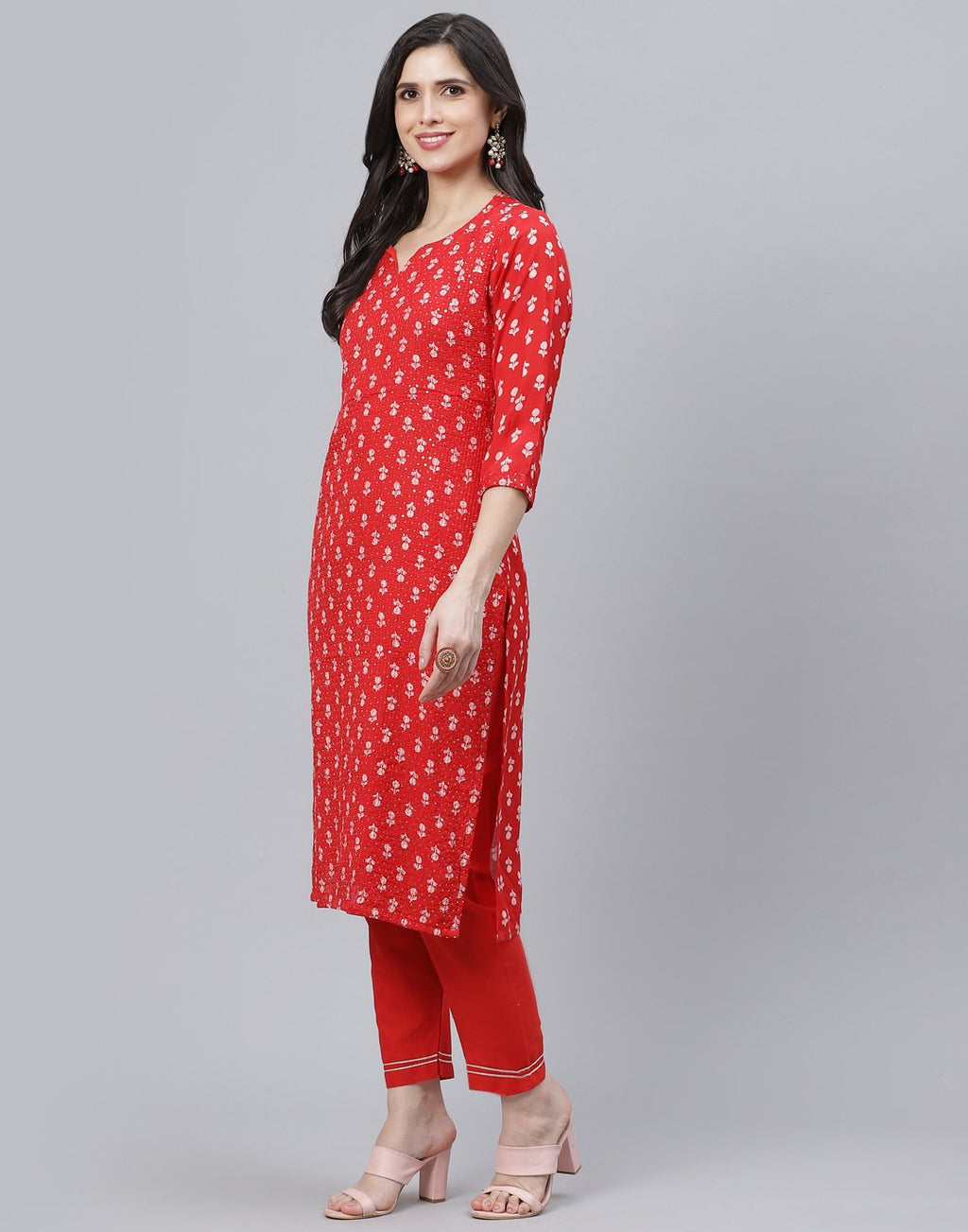 Printed Cotton Kurti Pant Set with Sequin Detail