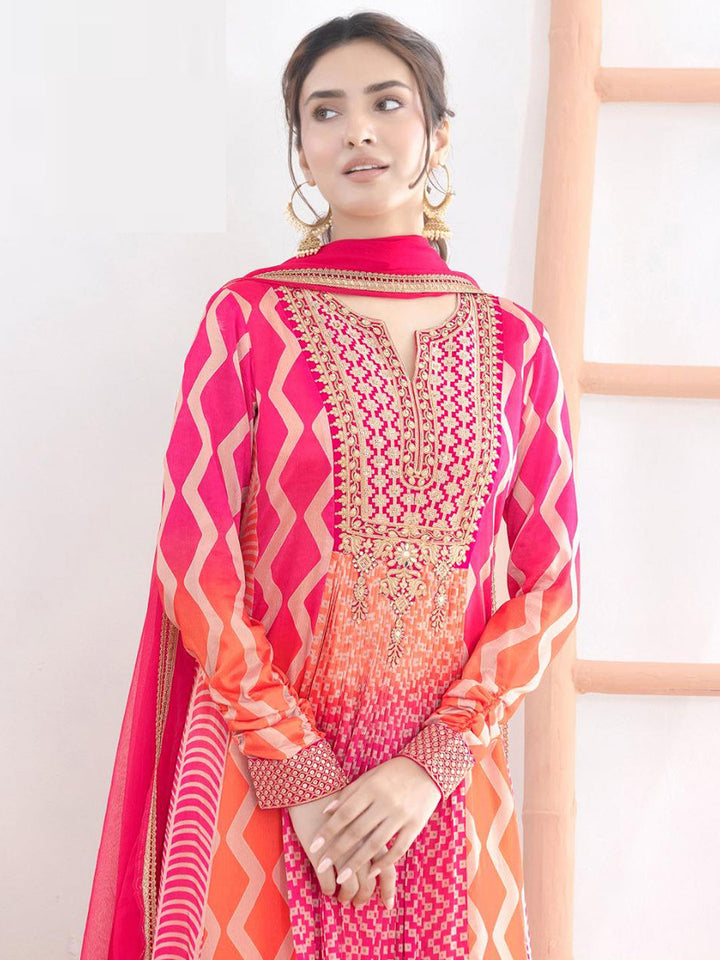 Embroidered Chinnon Gown With Dupatta