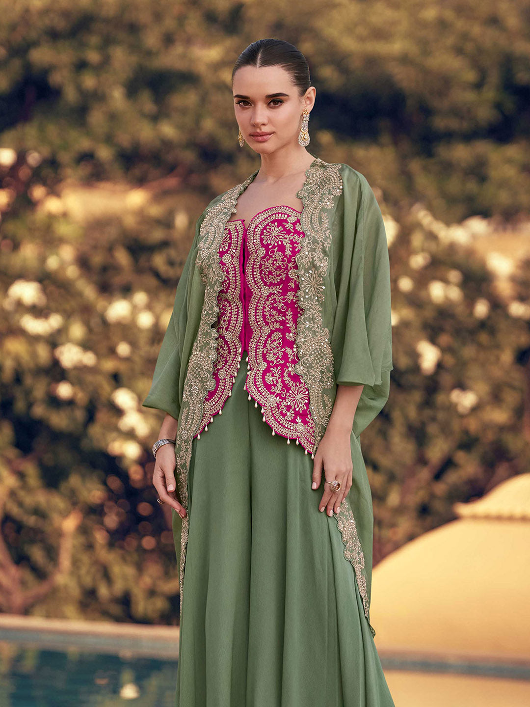 Embroidered Chinon Kurta With Pants &amp; Dupatta