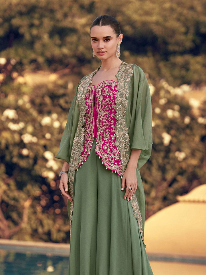 Embroidered Chinon Kurta With Pants &amp; Dupatta