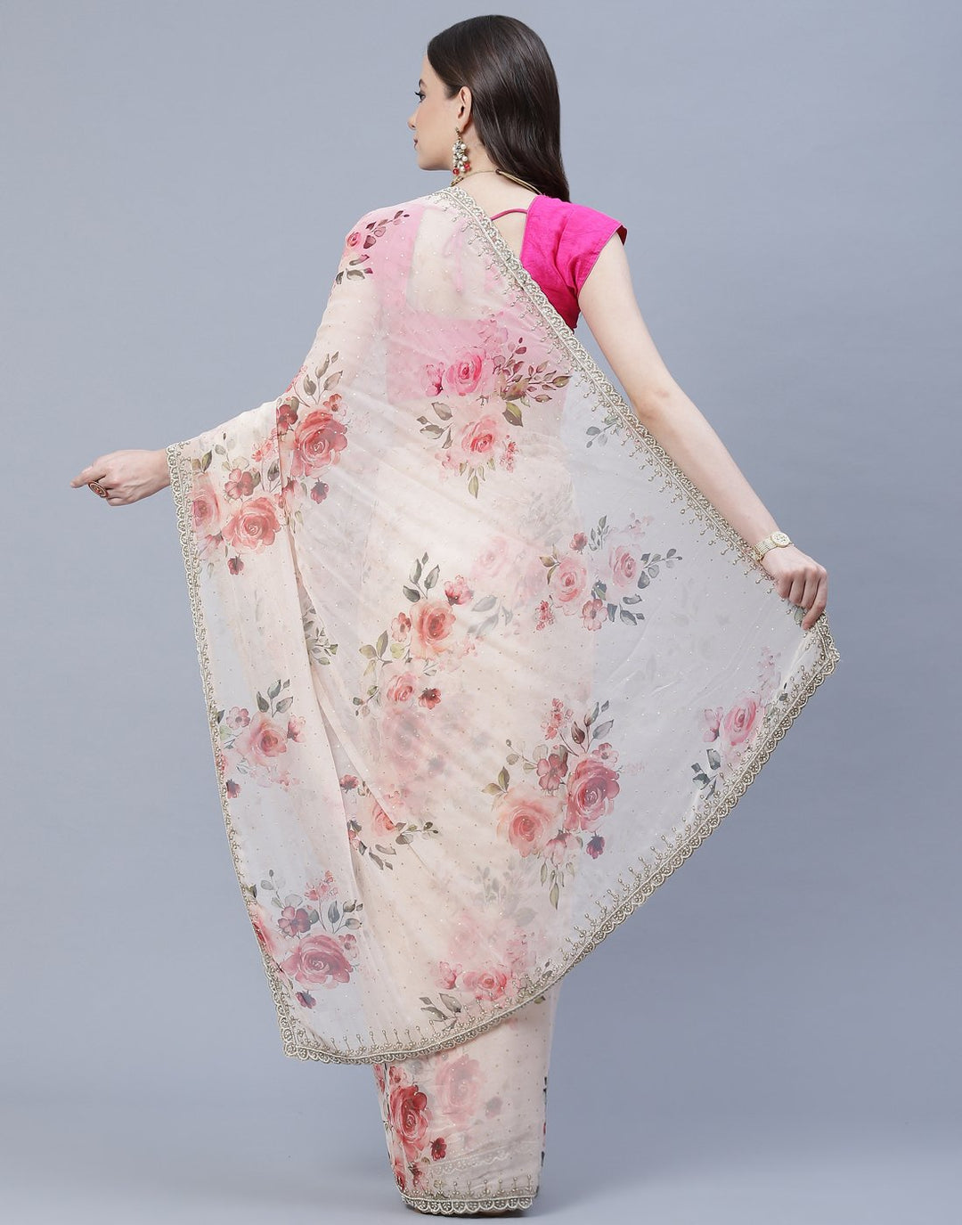 Digital Floral Printed Georgette Saree with Silver Zari Work  Border