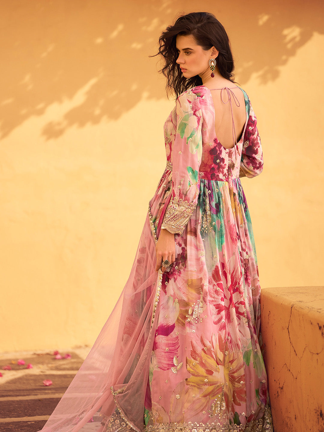 Printed &amp; Embroidered Chinon Gown With Dupatta