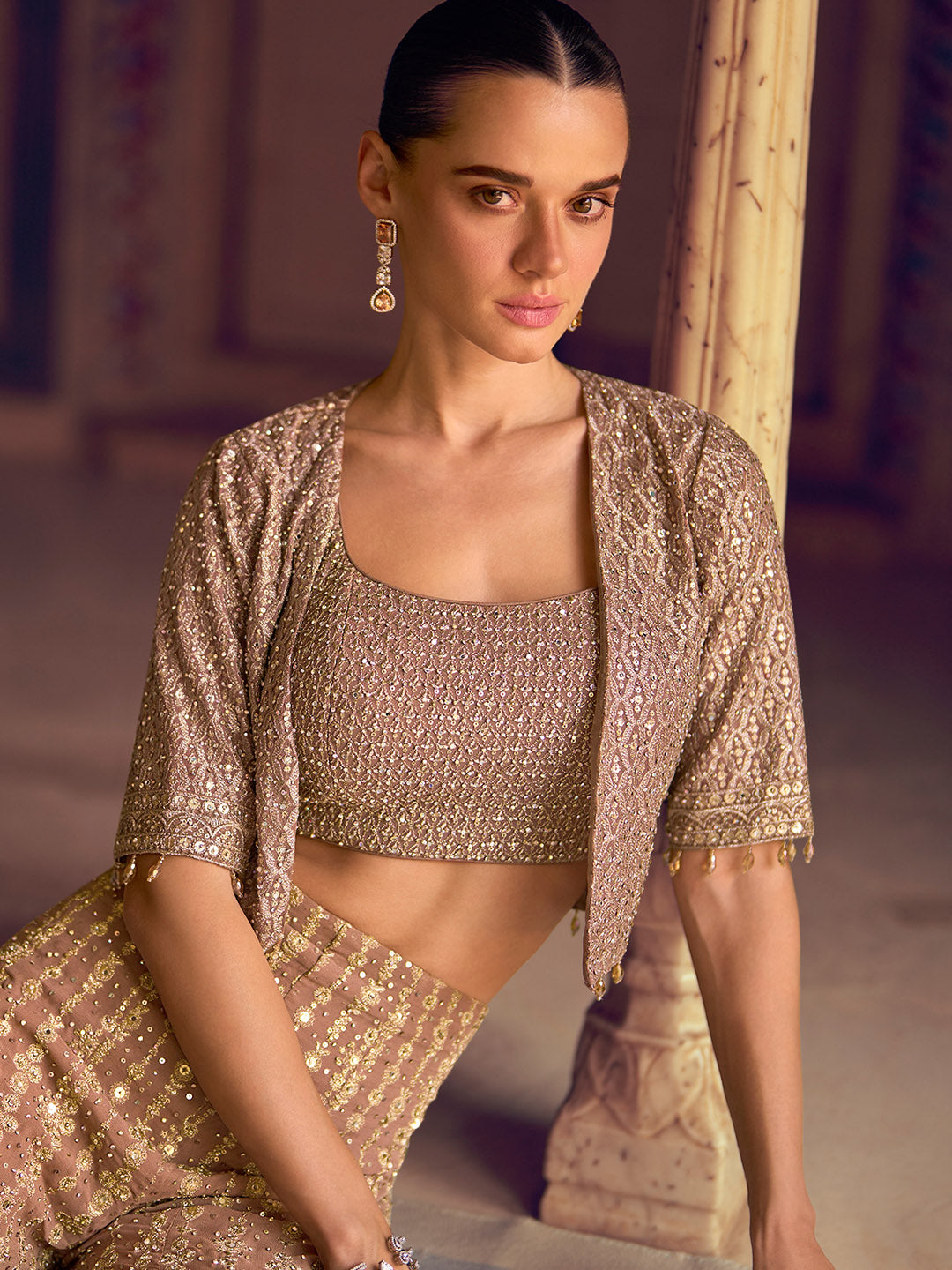 Embroidered Georgette Choli &amp; Gharara With Jacket