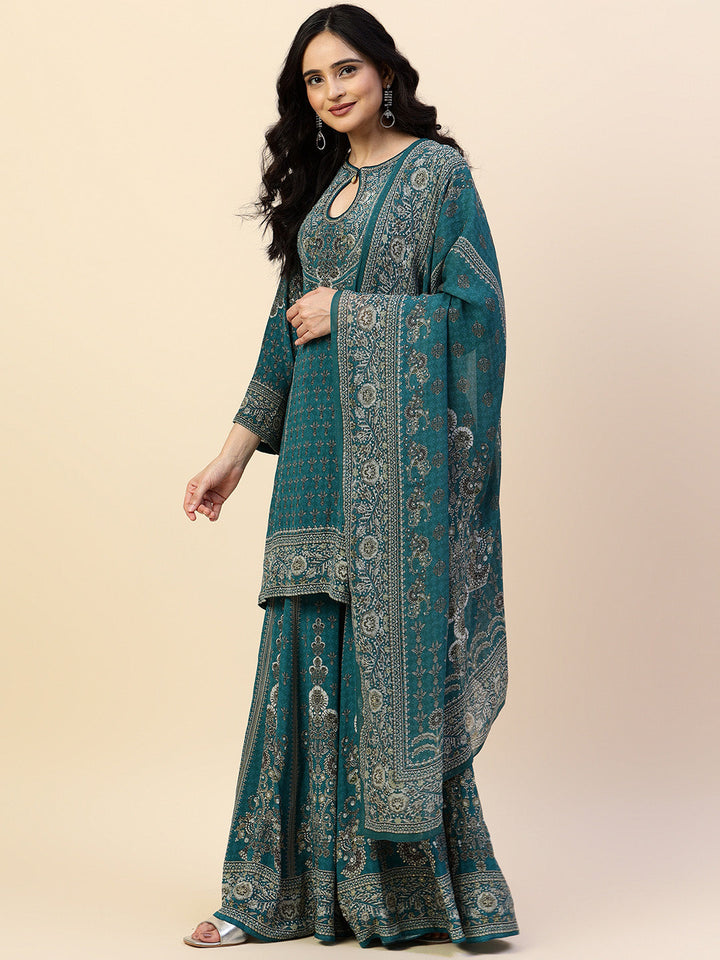 Digital Printed Crepe Kurta With Sharara &amp; Dupatta