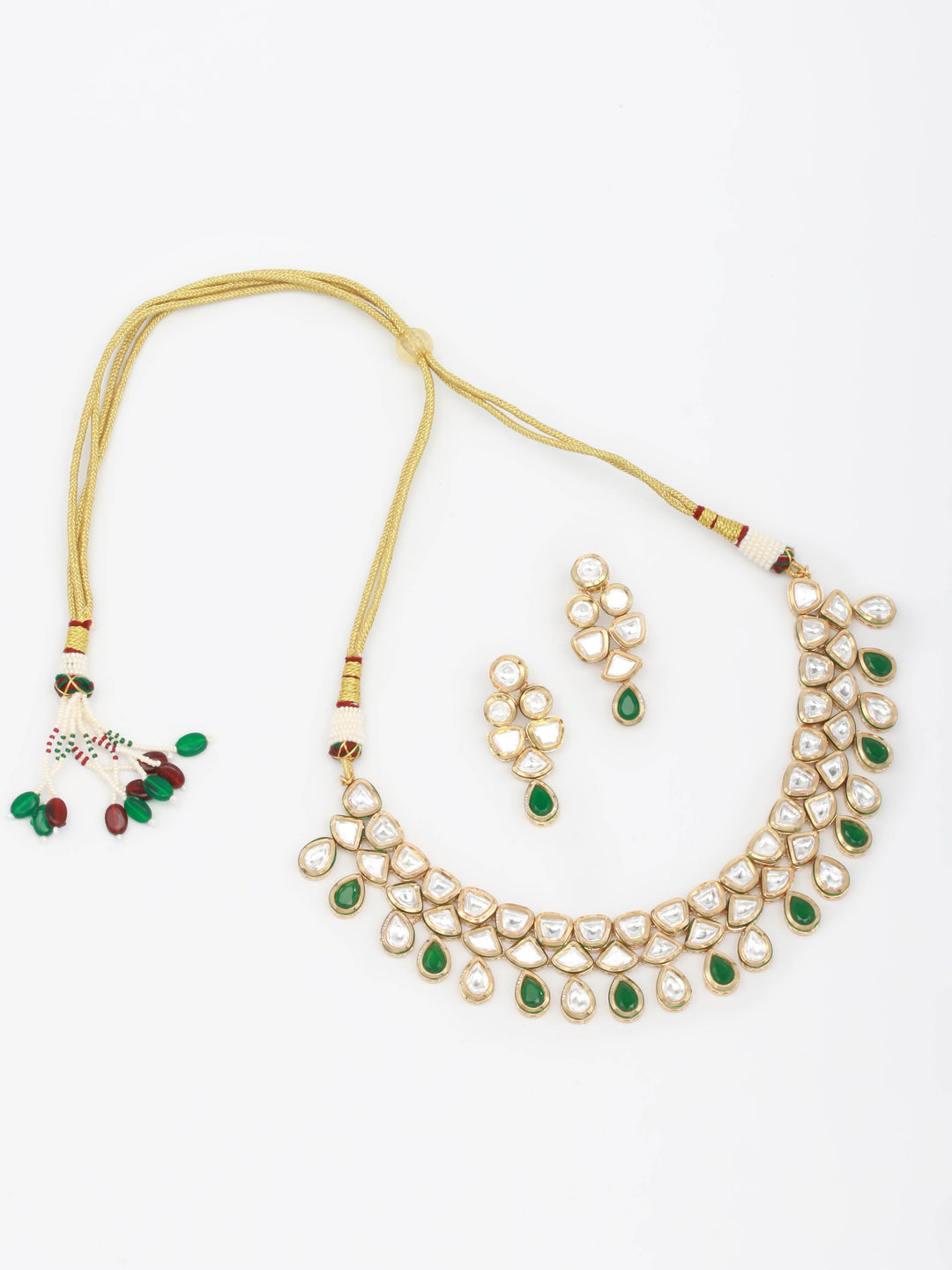 Silver-Green Kundan Necklace Set With Earrings