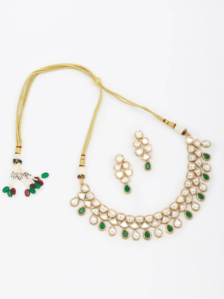 Silver-Green Kundan Necklace Set With Earrings