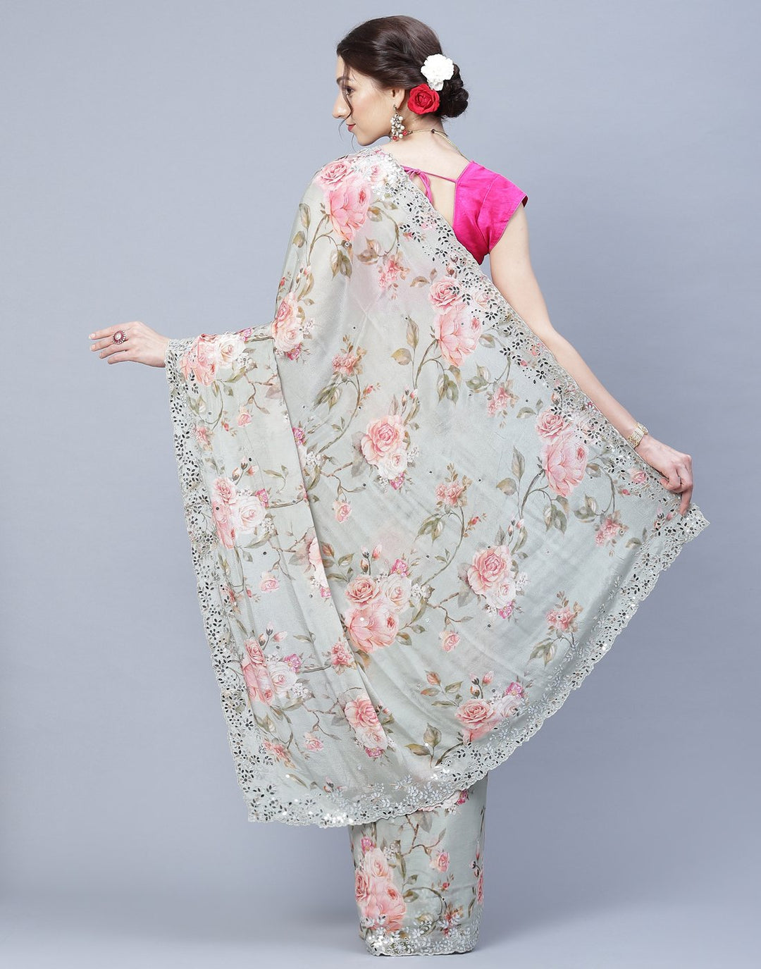 Digital Floral Printed Crepe Saree with Gota Patti Border