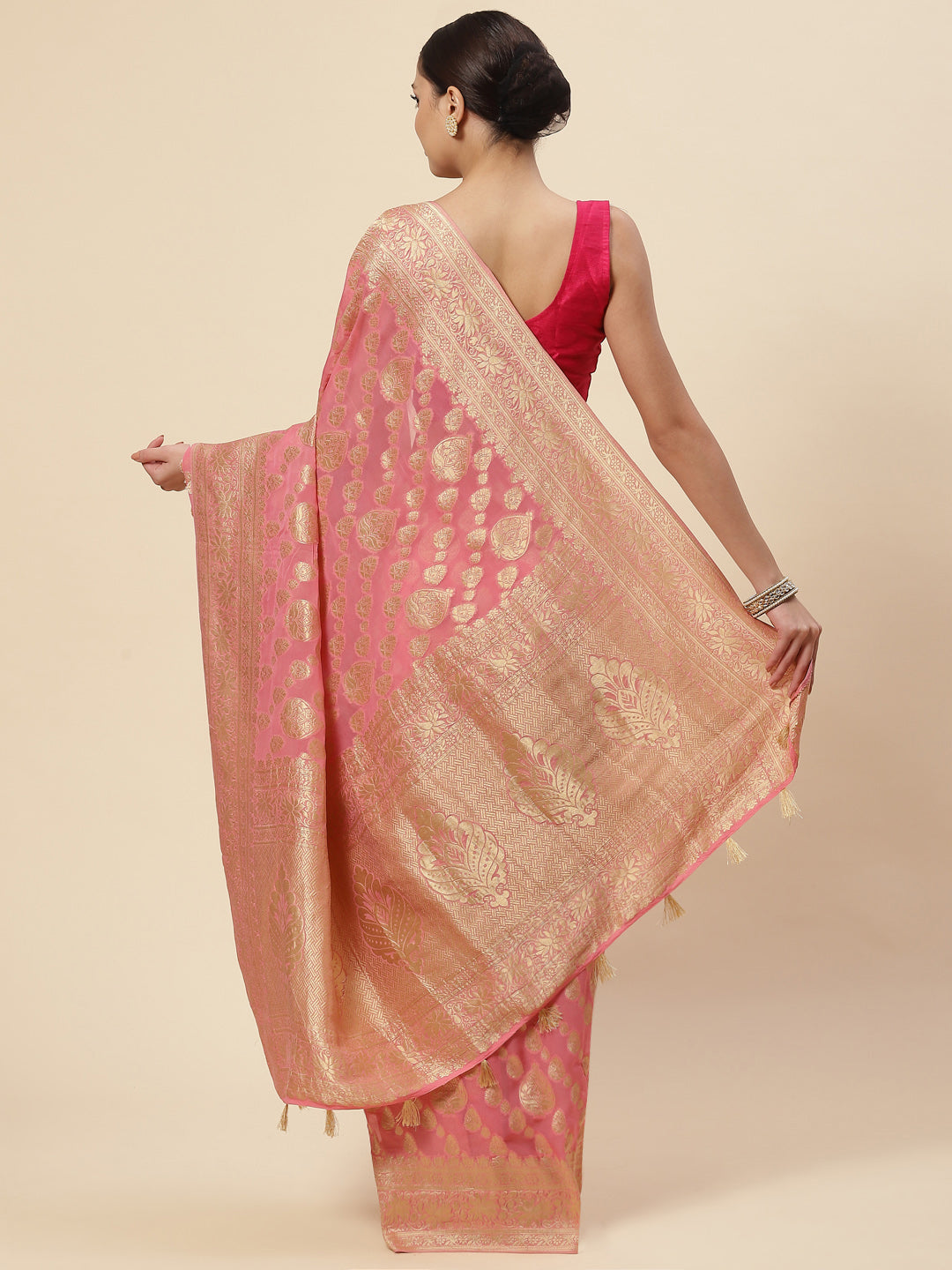 Zari Border Booti Georgette Plain Saree