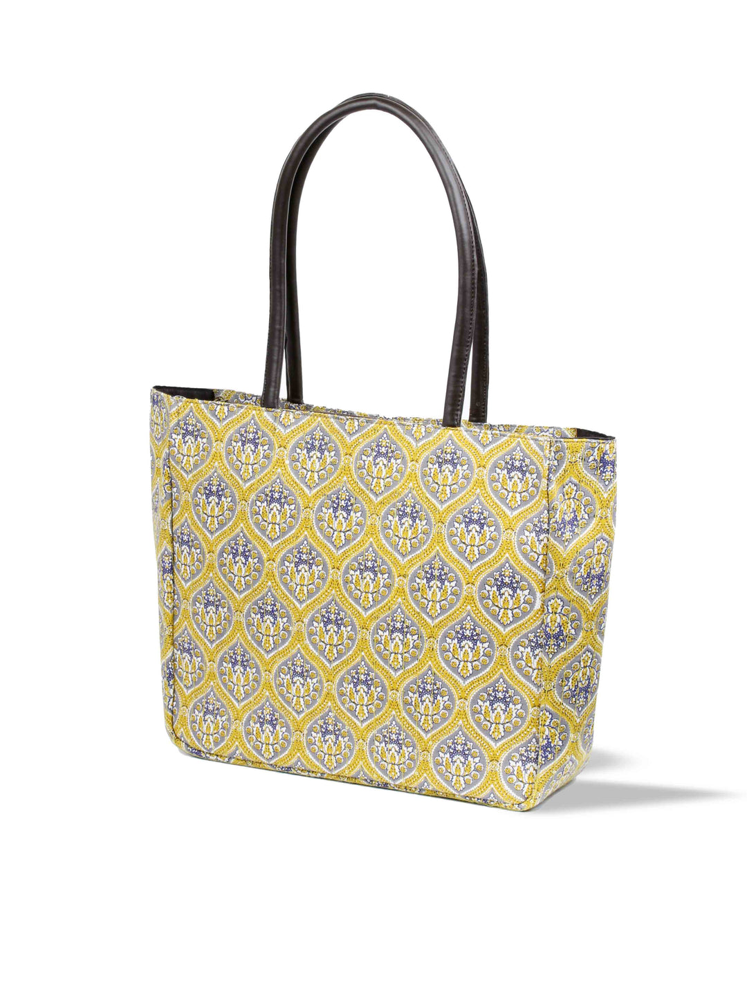 Yellow Printed Cotton Handbag With Pouch