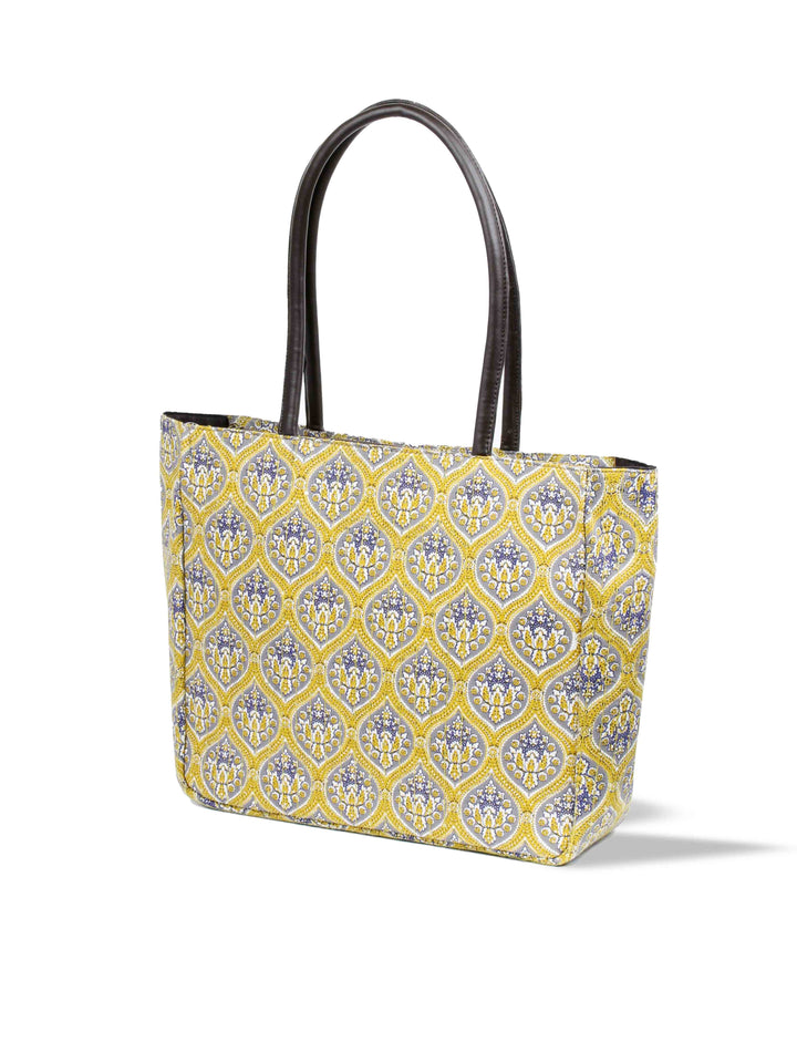 Yellow Printed Cotton Handbag With Pouch