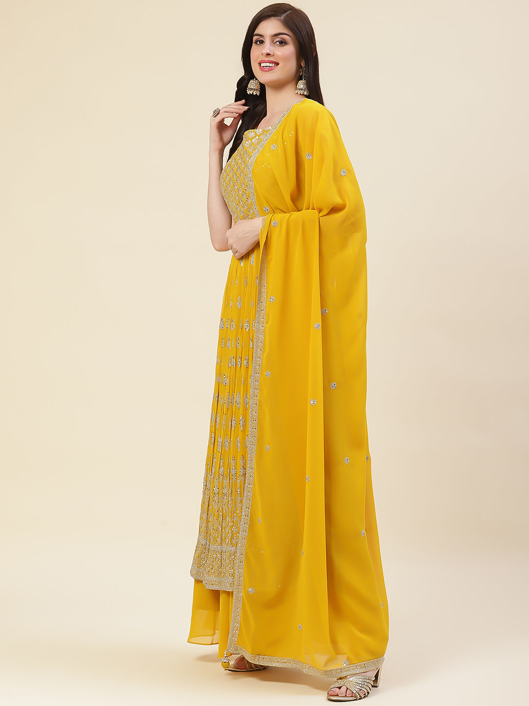Sequin Embroidered Georgette Kurta With Palazzo &amp; Dupatta