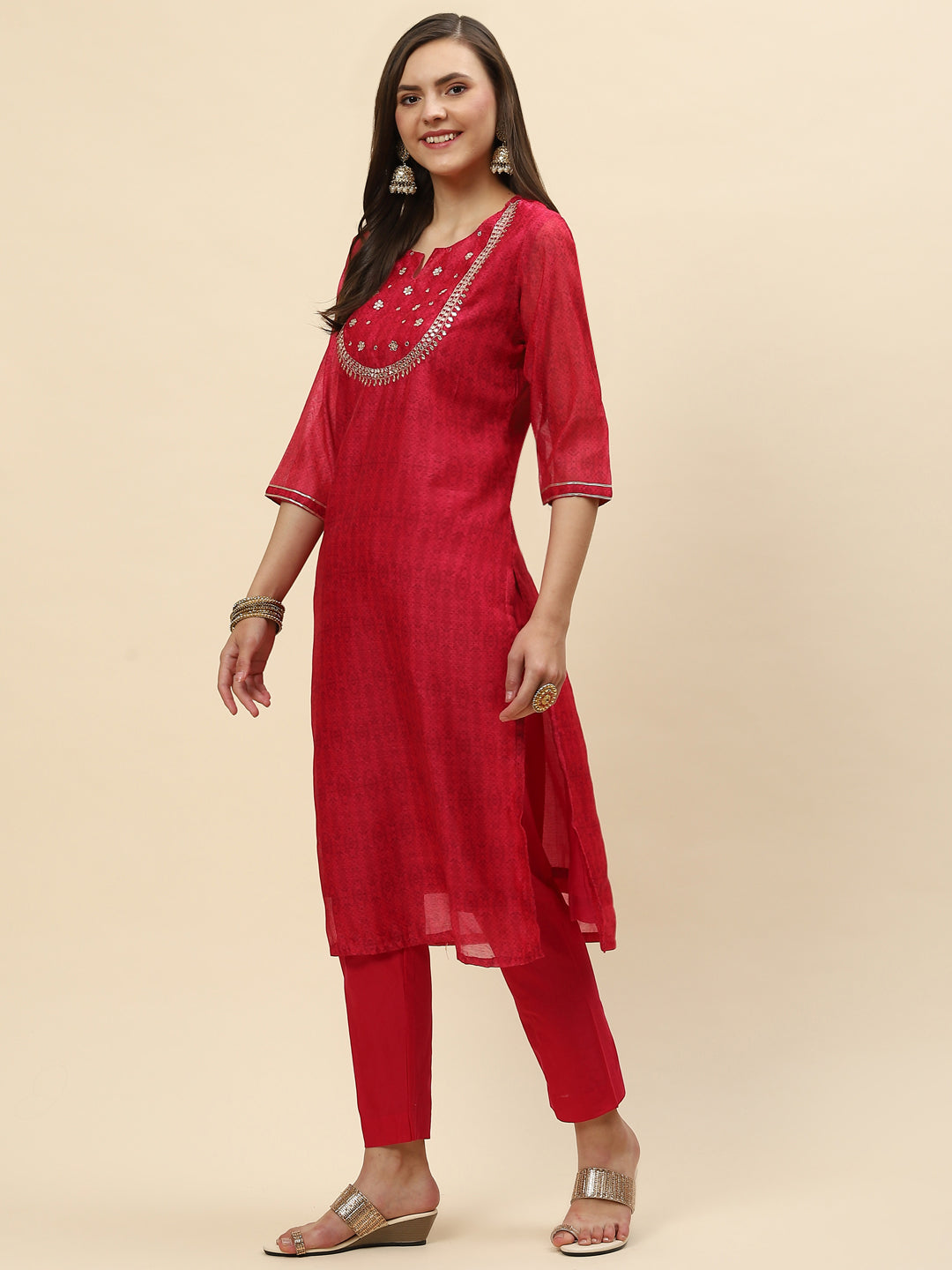Gota Work &amp; Printed Chanderi Kurta With Pants