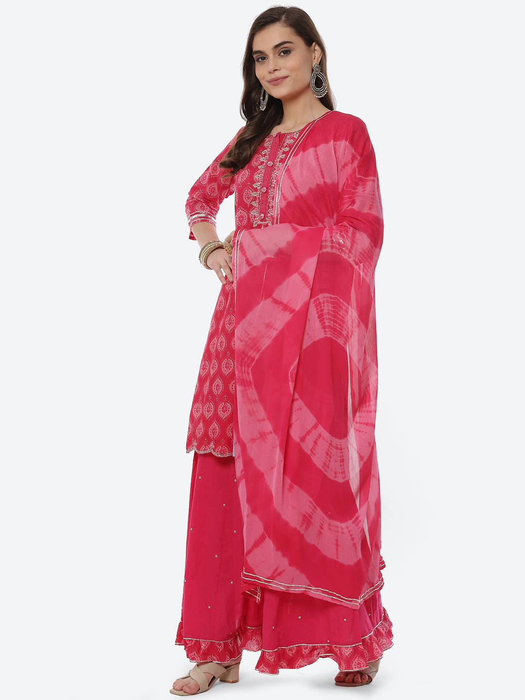 Printed Cotton Kurta With Garara & Chiffon Dupatta