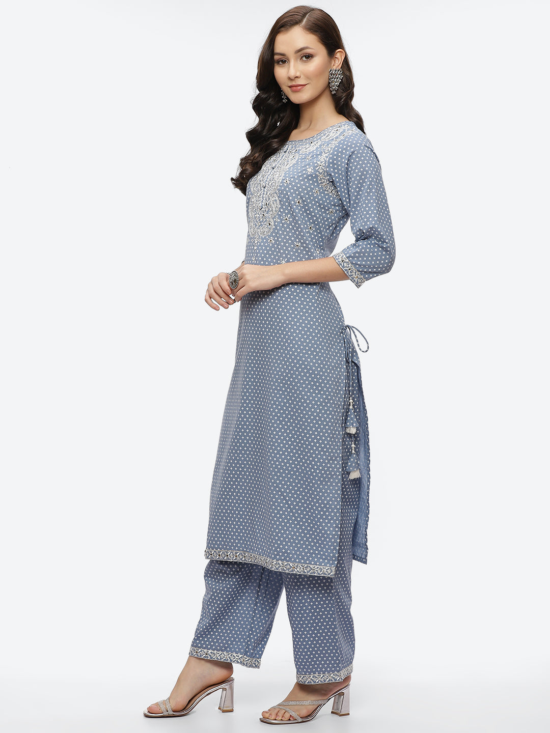 Mirror Neck Embroidered Cotton Kurta With Palazzo