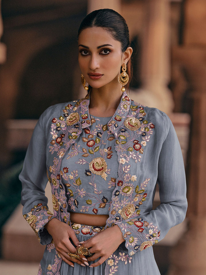 Embroidered Gerogette Choli &amp; Lehenga With Jacket