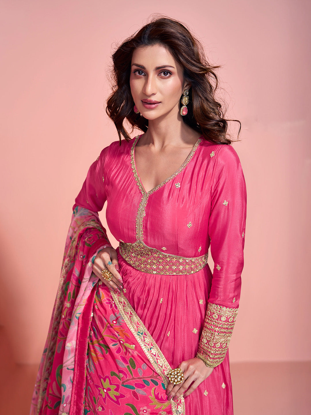 Embroidered Chinon A Line Dress With Dupatta