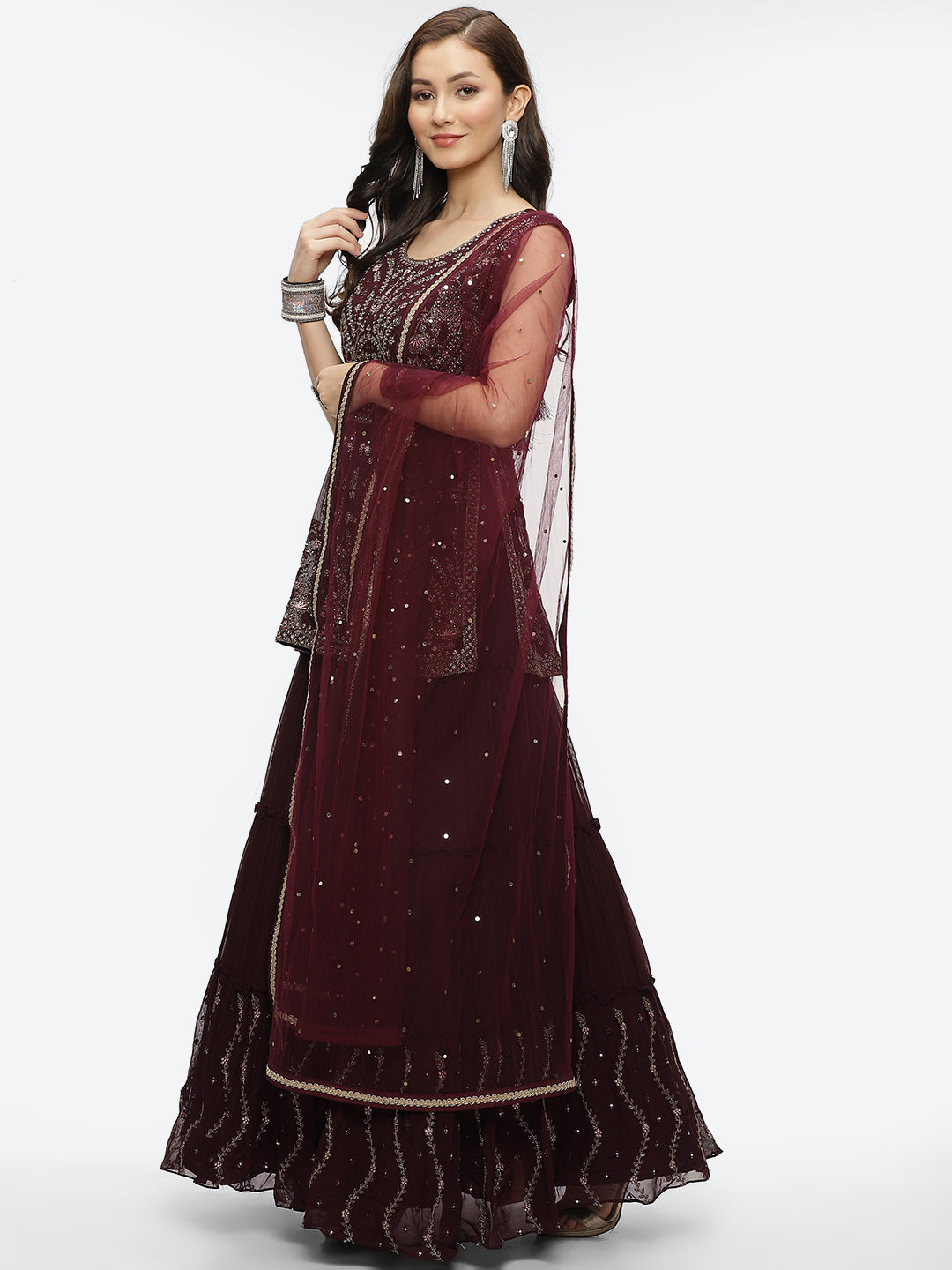 Embroidered Resham Mirror Georgette Choli With Lehenga &amp; Dupatta