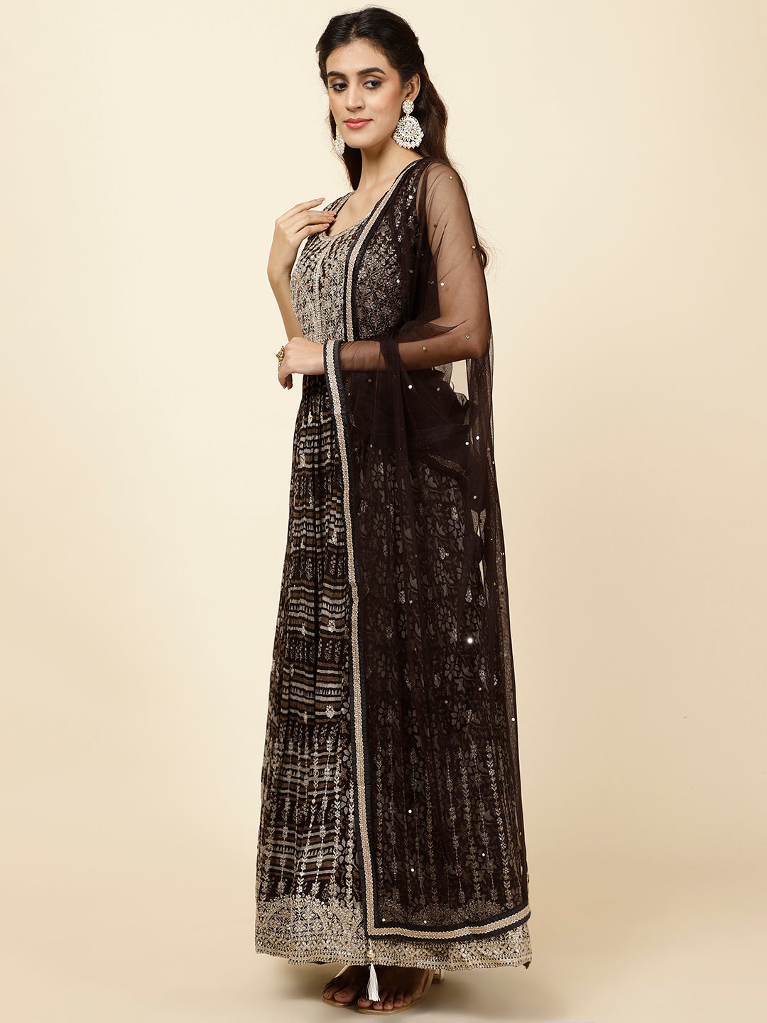 Zari Booti Embroidered Crepe Kurta With Churidar &amp; Dupatta