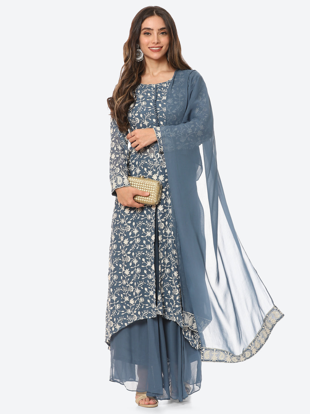 Resham Jaal Georgette Kurta With Palazzo &amp; Dupatta