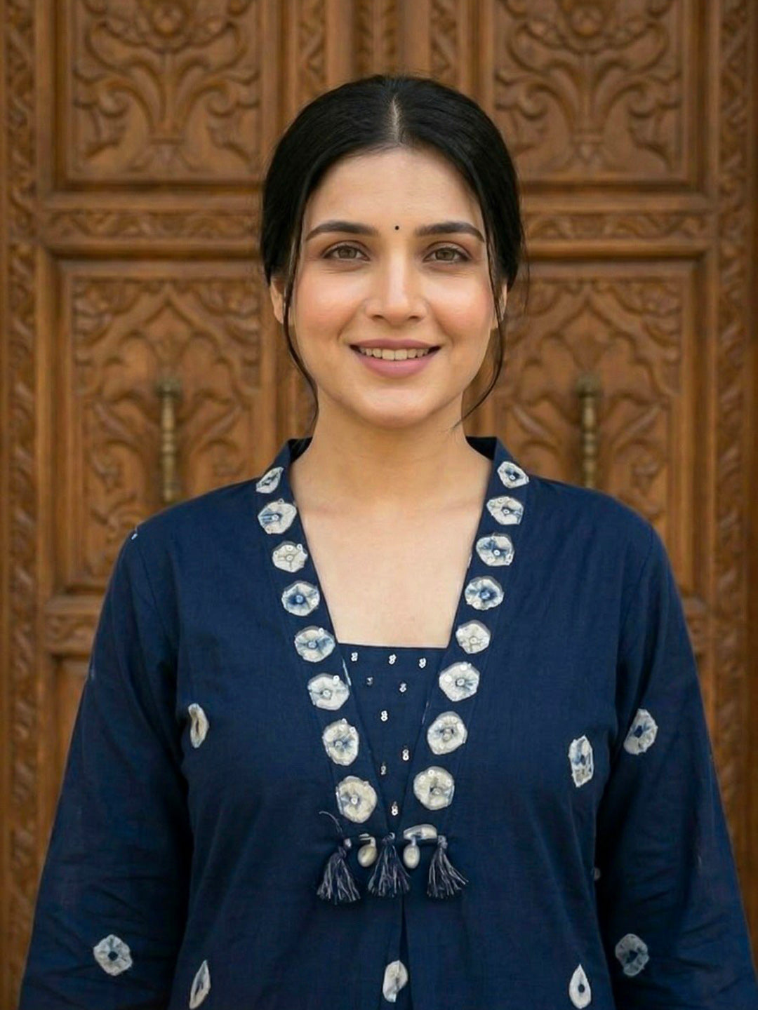 Blue Embroidered Cotton Blend Straight Suit Set With Dupatta