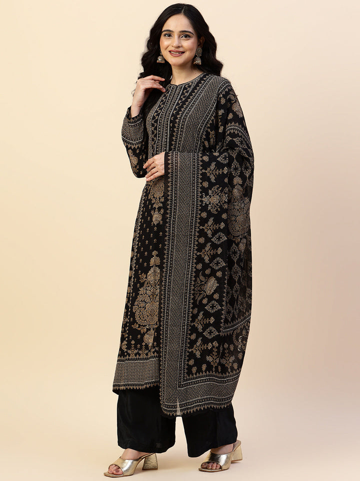 Digital Printed Crepe Kurta With Palazzo &amp; Dupatta