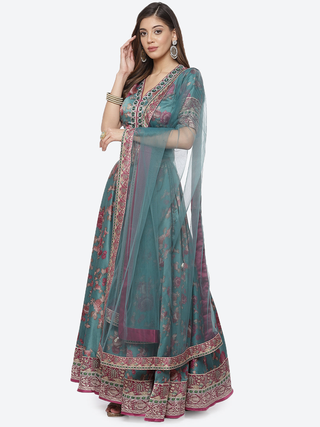 Floral Printed Satin Choli With Lehenga &amp; Net Dupatta