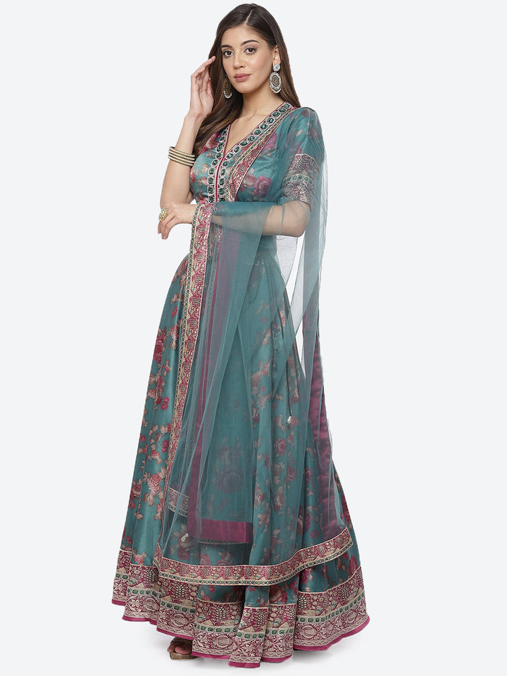 Floral Printed Satin Choli With Lehenga &amp; Net Dupatta