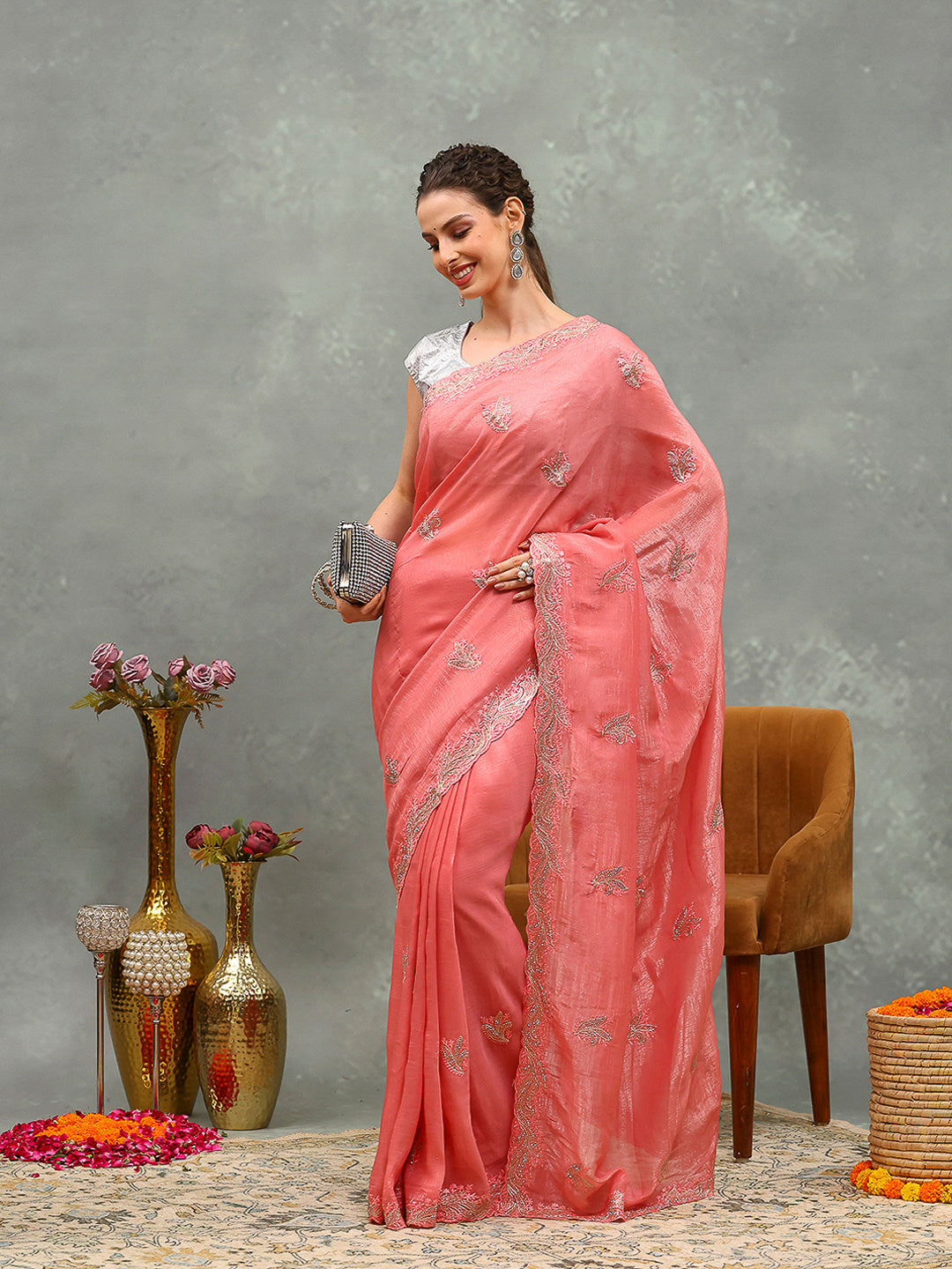 Thread Embroidered Chiffon Saree