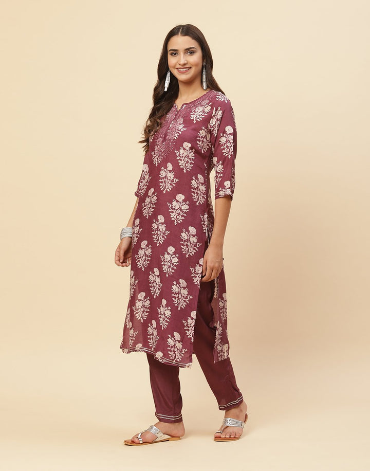 Printed Mirror Work Cotton Muslin Kurti With Pant