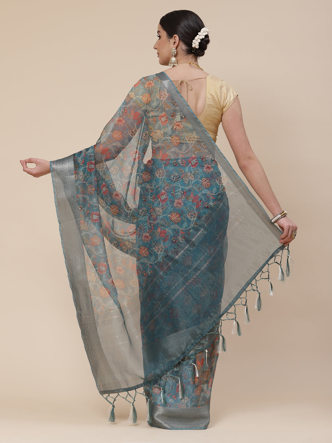 Floral Digital Printed Zari Border Organza Saree