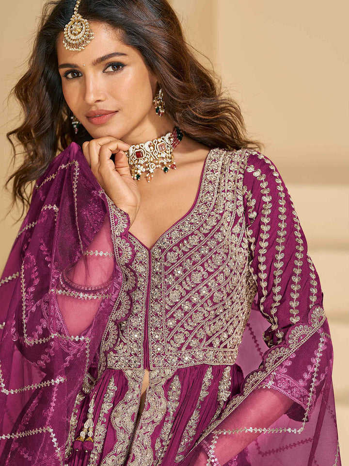 Embroidered Chinon Kurta With Plazzo &amp; Dupatta