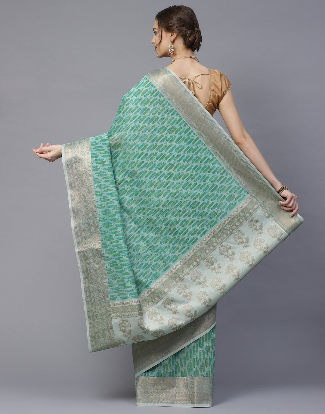 Cotton Printed Saree with Golden Zari Border