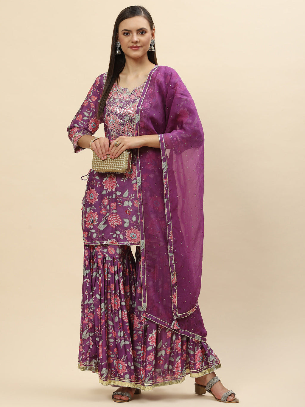 Floral Digital Printed Chanderi Kurta With Garara & Dupatta