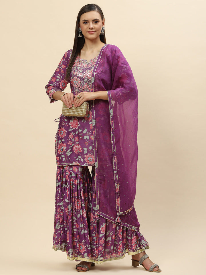 Floral Digital Printed Chanderi Kurta With Garara &amp; Dupatta