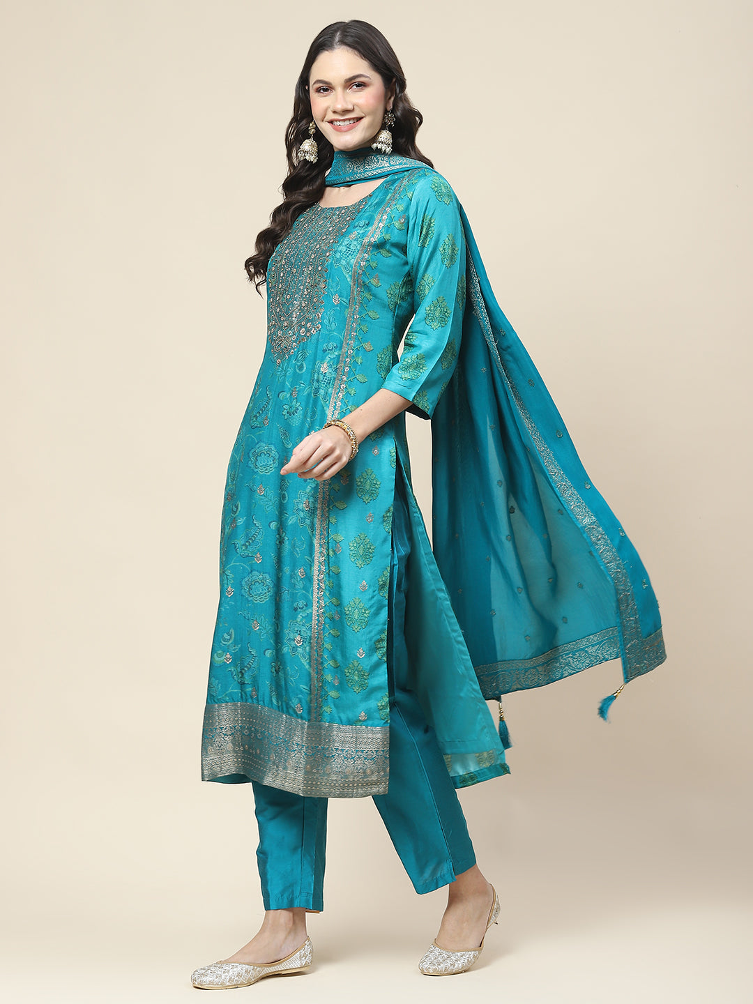Floral Printed Handloom Kurta With Pants &amp; Dupatta