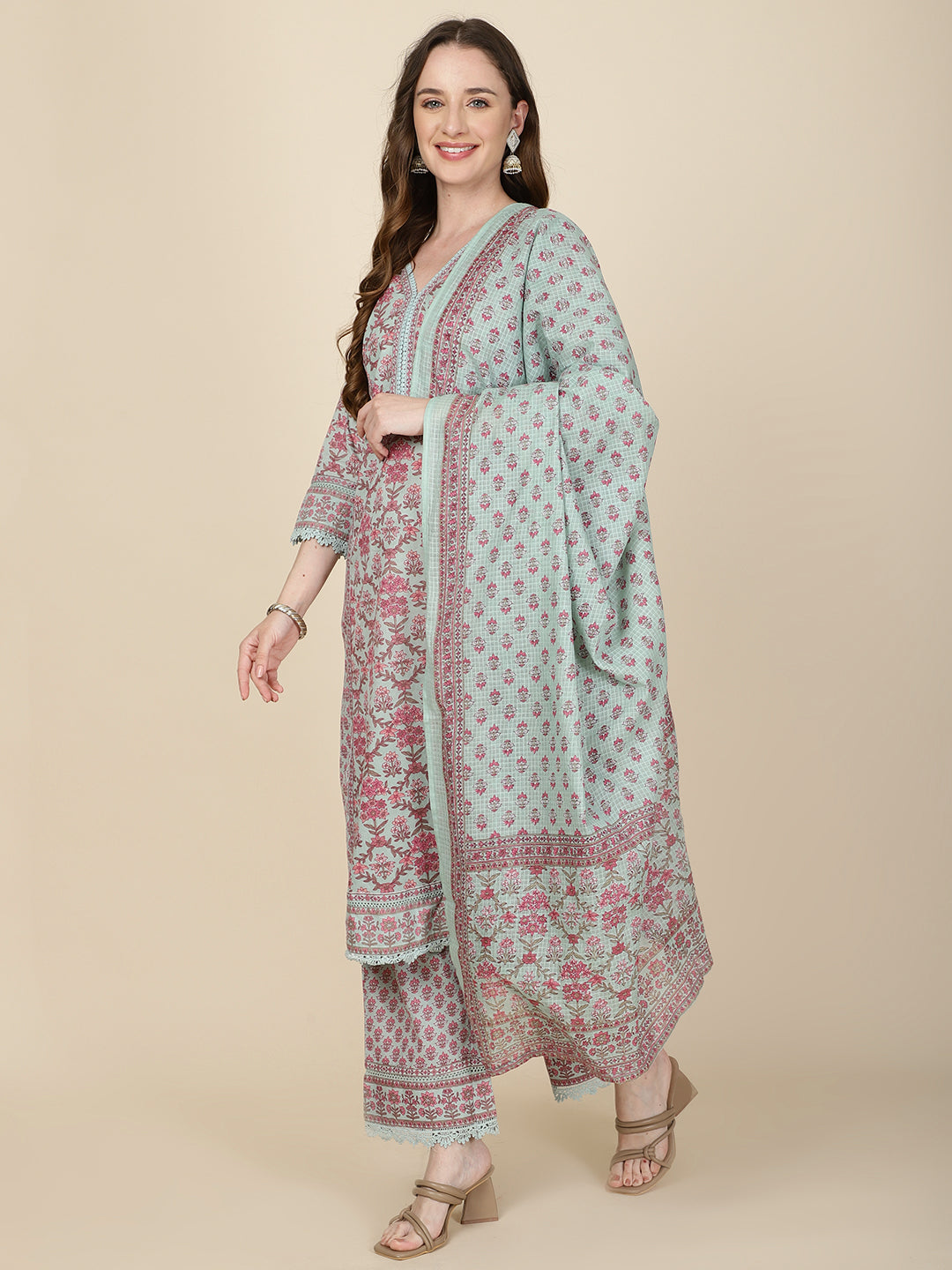 Floral Printed Cotton Kurta With Pants & Dupatta