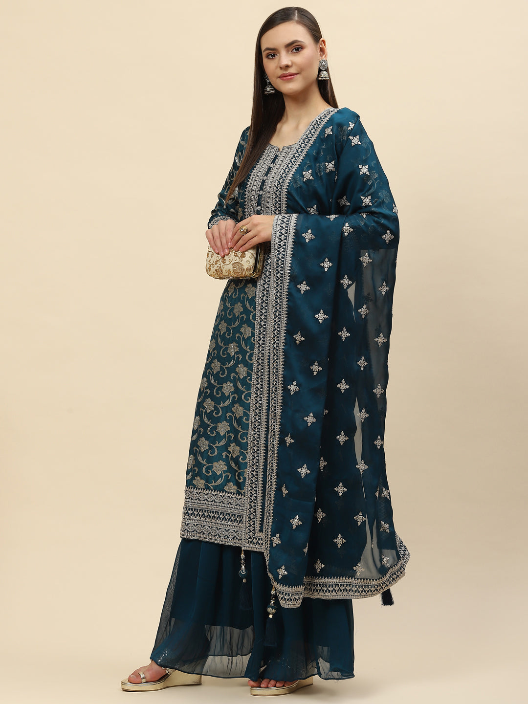 Zari Jaal Handloom Kurta With Palazzo &amp; Dupatta