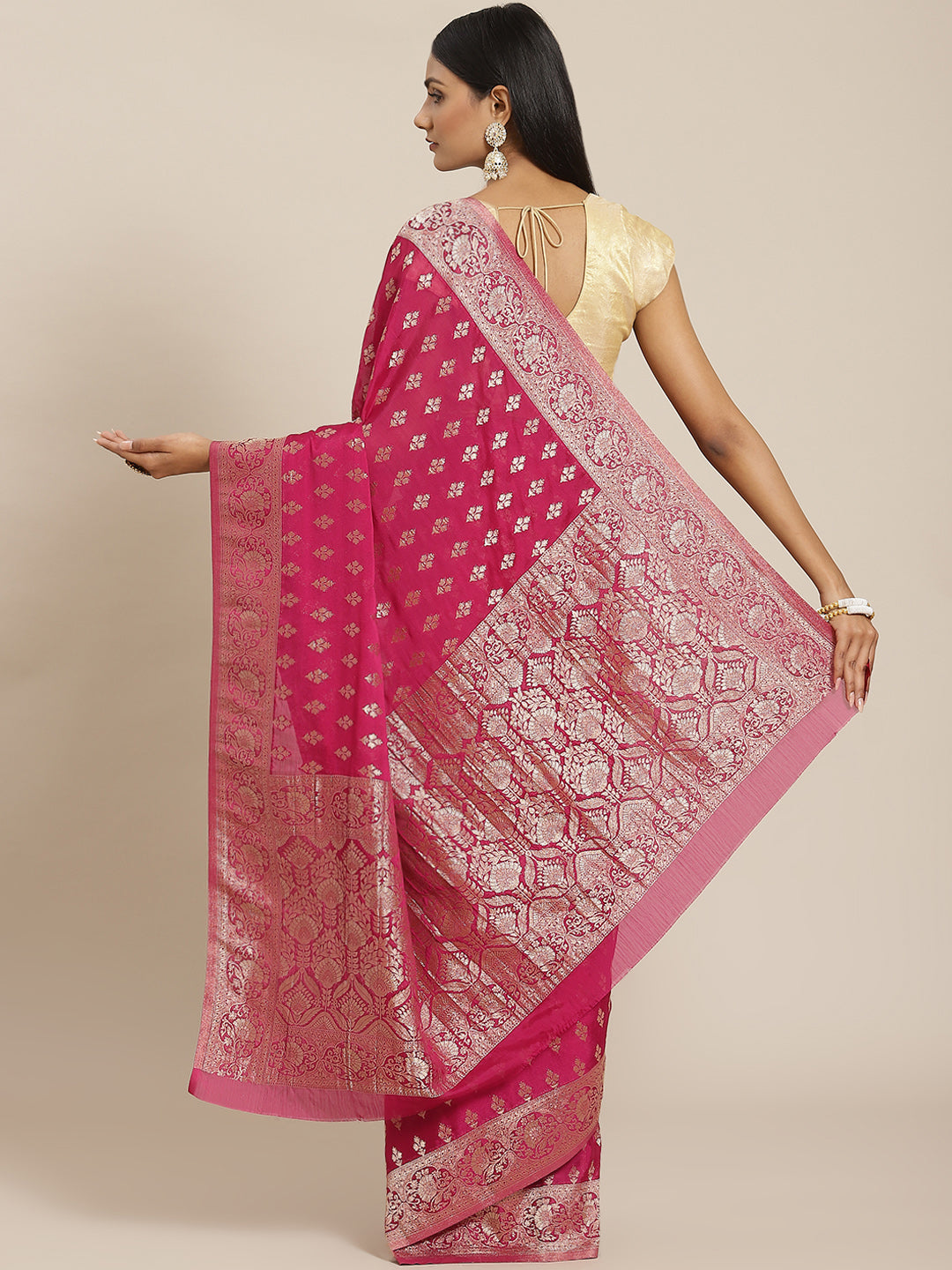Zari Border Booti Crepe Woven Saree