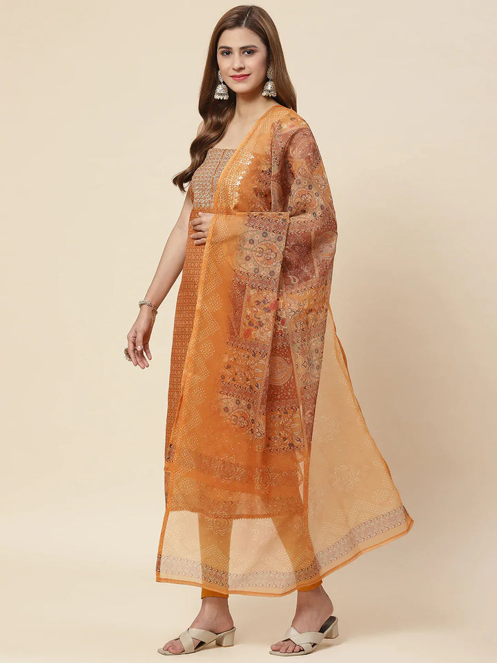 Neck Embroidered &amp; Printed Chanderi Unstitched Suit Piece With Dupatta
