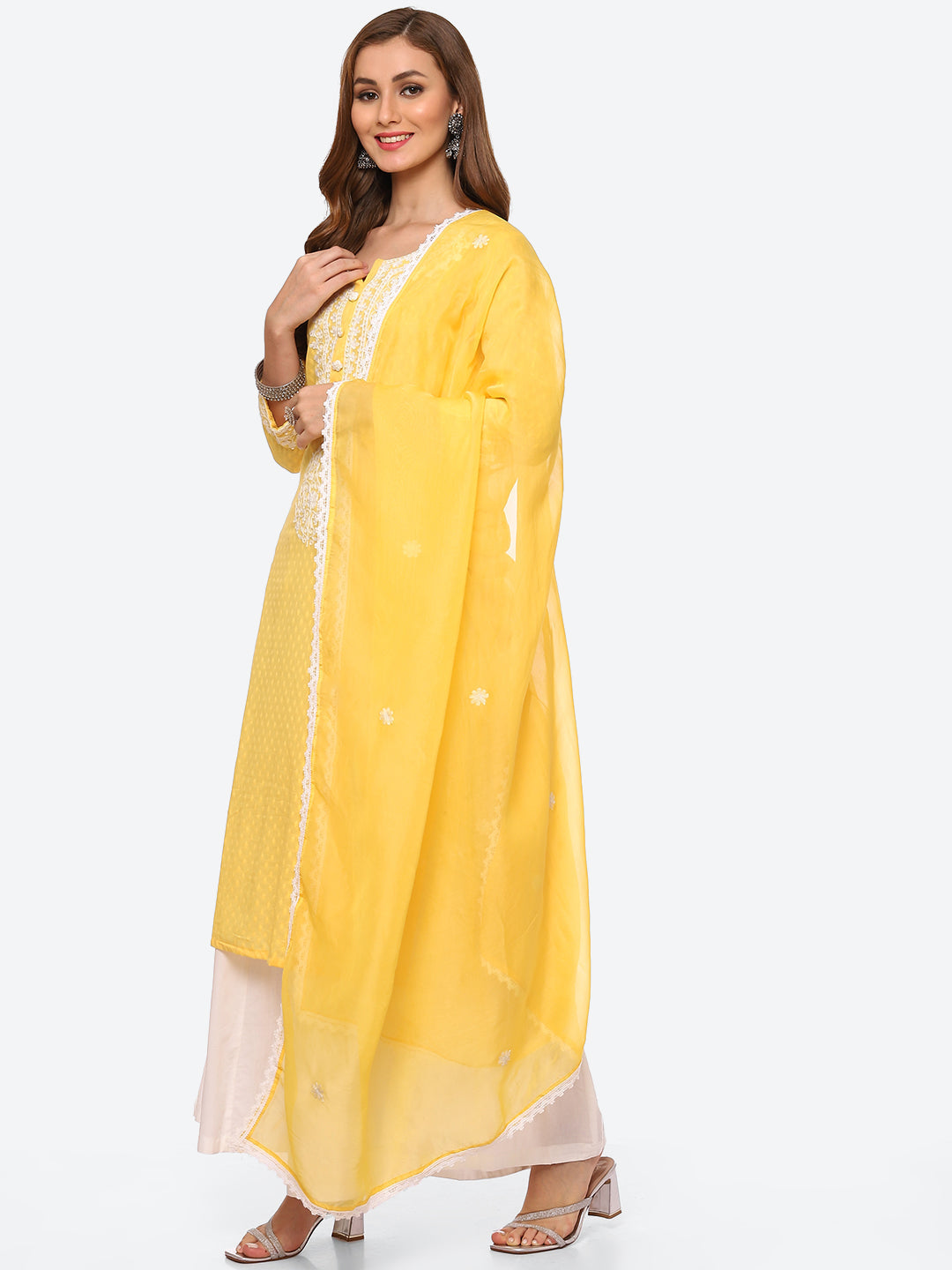 Resham Neck Embroidered Cotton Kurta With Sharara &amp; Dupatta