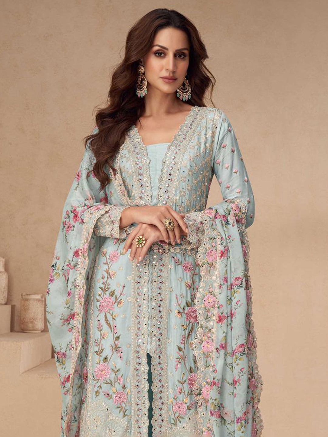 Embroidered Chinon Silk Kurta With Plazzo &amp; Dupatta
