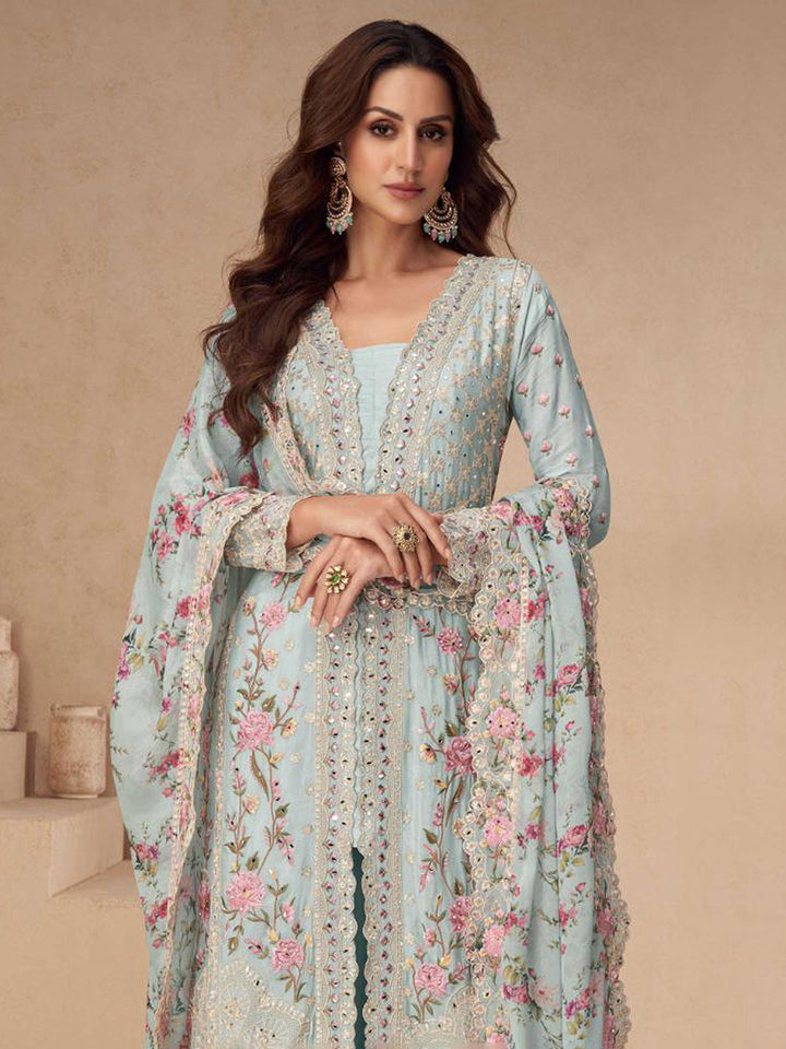 Embroidered Chinon Silk Kurta With Plazzo &amp; Dupatta