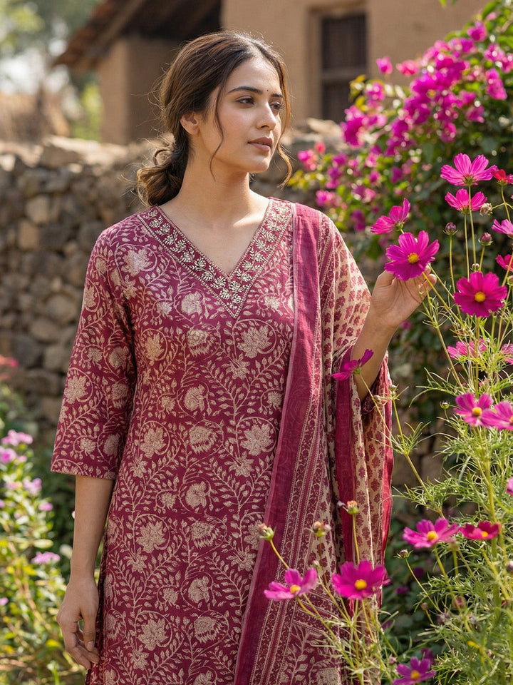 Printed Cotton Blend Kurta With Pant &amp; Dupatta